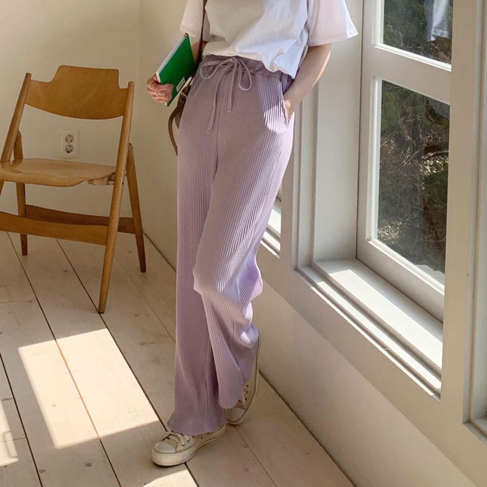 ハイウエストプリーツパンツ・全4色・b63075 レディース 【pt】【韓国 ファッション ボトムス パンツ ロング プリーツパンツ ウエストゴム リボン ストレート 美脚 細身 スリム 10分丈 十分丈 カジュアル デイリー ワイド 秋 春】