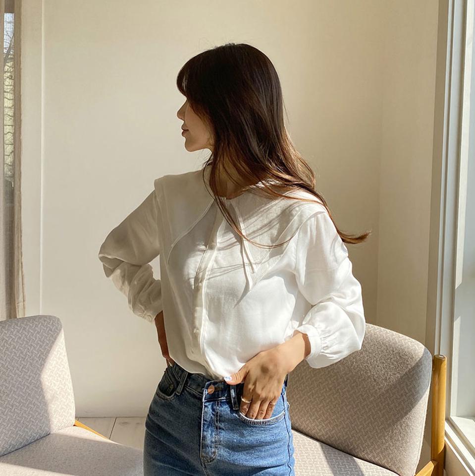 【マラソン特価】ビッグカラーブラウス・全2色・t63060 レディース 【bl】【韓国 ファッション トップス ブラウス 長袖 上品 ビッグカラー ガーリー シルキー ボリューム ラブリー フェミニン カジュアル デイリー 秋 春】