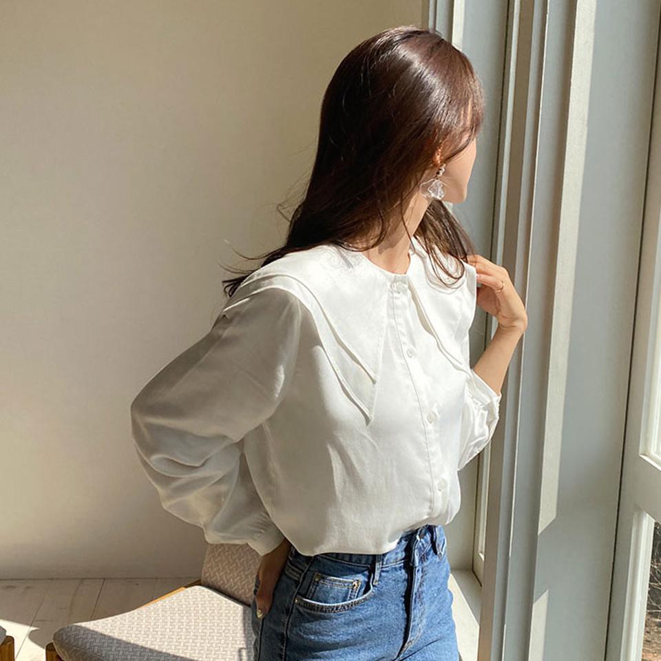 【マラソン特価】ビッグカラーブラウス・全2色・t63060 レディース 【bl】【韓国 ファッション トップス ブラウス 長袖 上品 ビッグカラー ガーリー シルキー ボリューム ラブリー フェミニン カジュアル デイリー 秋 春】