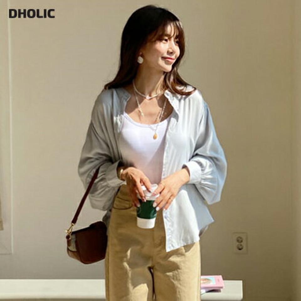 バンドカラーパフブラウス・全3色・t63065 レディース 【bl】【韓国 ファッション トップス ブラウス 長袖 上品 シフォンブラウス ボリューム袖 ギャザー バンドカラー パフ ボリューム ラブリー フェミニン カジュアル デイリー 秋 春】