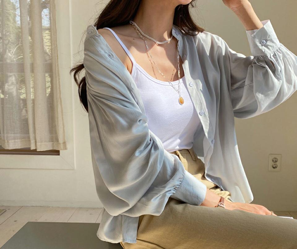 バンドカラーパフブラウス・全3色・t63065 レディース 【bl】【韓国 ファッション トップス ブラウス 長袖 上品 シフォンブラウス ボリューム袖 ギャザー バンドカラー パフ ボリューム ラブリー フェミニン カジュアル デイリー 秋 春】