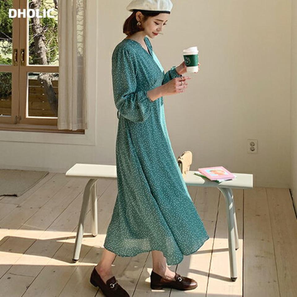 Vネックドットリボンワンピース・全3色・t63063 レディース 【ops】【韓国 ファッション ワンピース ロング ロングワンピス Vネック ドットワンピース カシュクール フレア リボン フェミニン 細身 スリム カジュアル 体型カバー 秋 春】