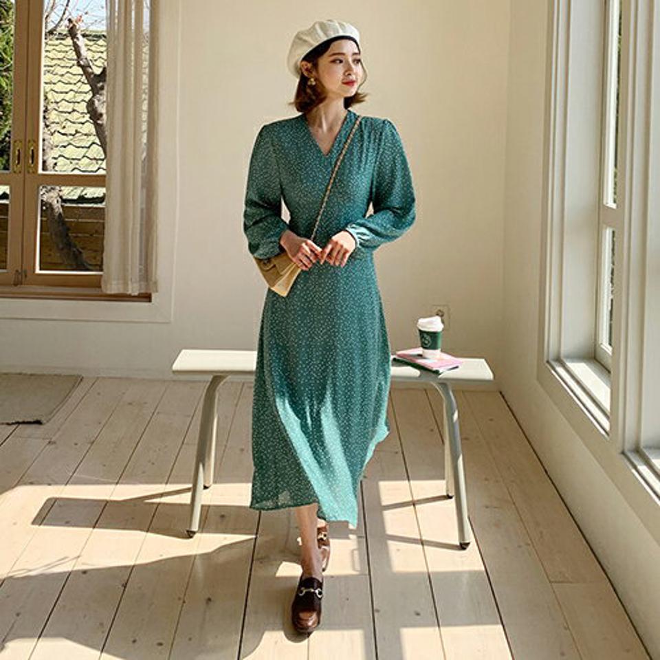 Vネックドットリボンワンピース・全3色・t63063 レディース 【ops】【韓国 ファッション ワンピース ロング ロングワンピス Vネック ドットワンピース カシュクール フレア リボン フェミニン 細身 スリム カジュアル 体型カバー 秋 春】