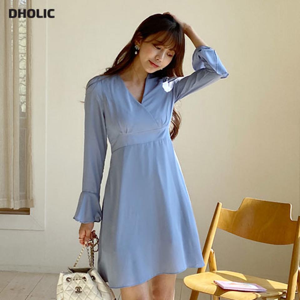 カシュクールミニワンピース・全3色・t63061 レディース 【ops】【韓国 ファッション ワンピース ミニ ミニワンピス Vネック ラップ調 ウエストリボン フレア フェミニン 細身 スリム カジュアル 体型カバー 秋 春】