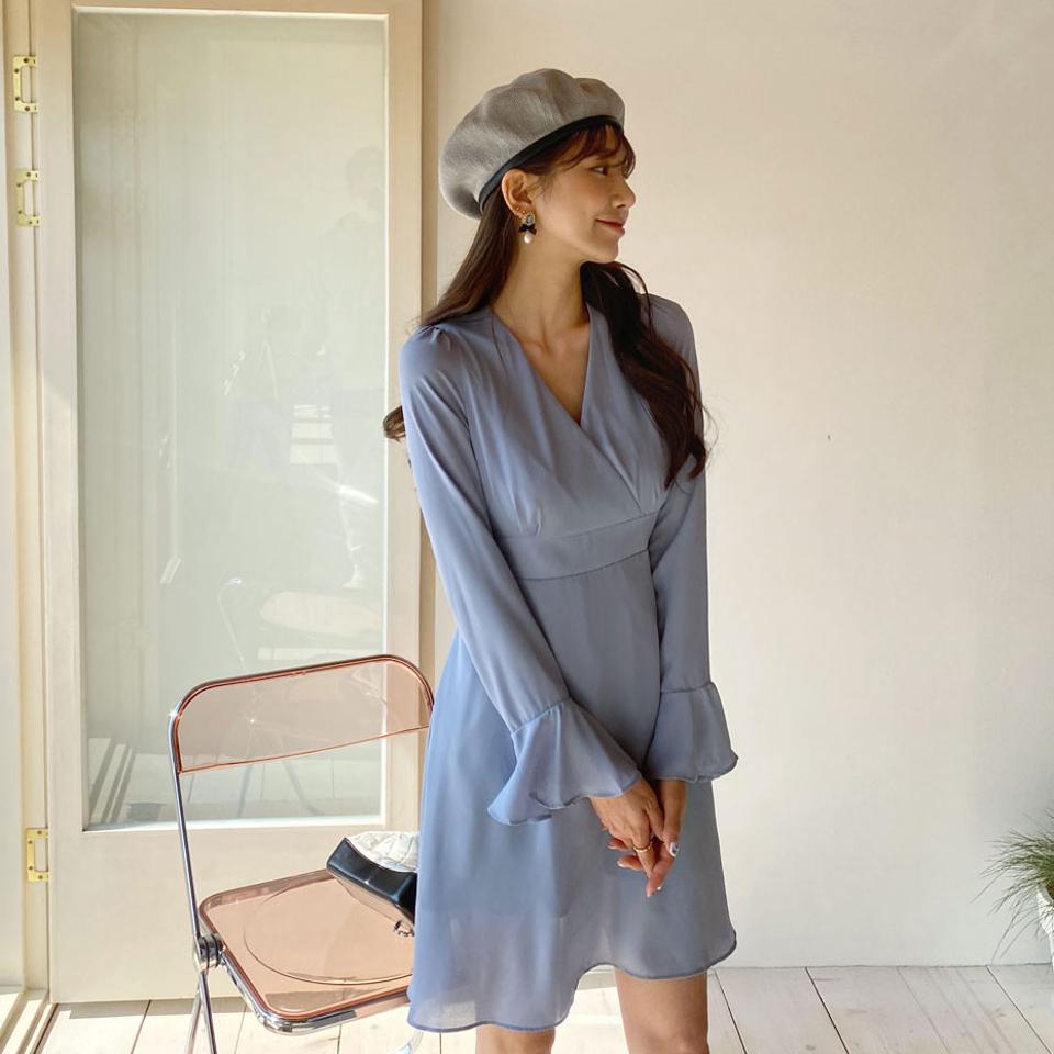 カシュクールミニワンピース・全3色・t63061 レディース 【ops】【韓国 ファッション ワンピース ミニ ミニワンピス Vネック ラップ調 ウエストリボン フレア フェミニン 細身 スリム カジュアル 体型カバー 秋 春】