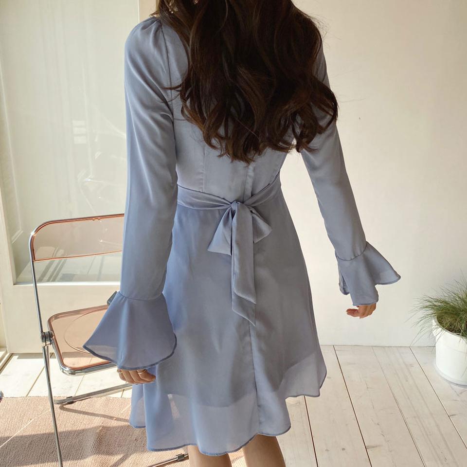 カシュクールミニワンピース・全3色・t63061 レディース 【ops】【韓国 ファッション ワンピース ミニ ミニワンピス Vネック ラップ調 ウエストリボン フレア フェミニン 細身 スリム カジュアル 体型カバー 秋 春】