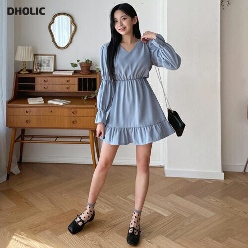 Vネックギャザーミニワンピース・全4色・t63427 レディース 【ops】【韓国 ファッション ワンピース ミニ ミニワンピース カジュアル かわいい シフォン ギャザー Vネック ガーリー 体型カバー 秋 春】【NIJU】