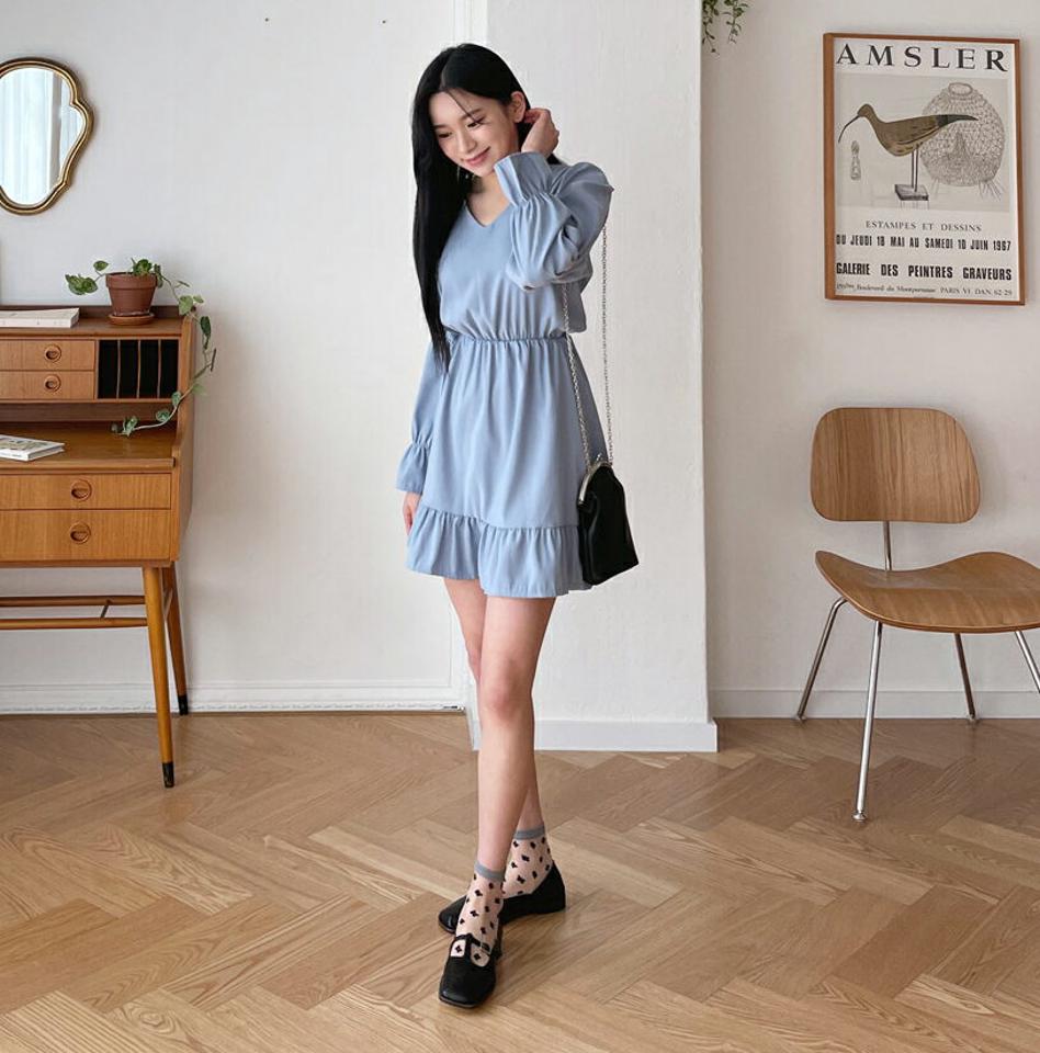 Vネックギャザーミニワンピース・全4色・t63427 レディース 【ops】【韓国 ファッション ワンピース ミニ ミニワンピース カジュアル かわいい シフォン ギャザー Vネック ガーリー 体型カバー 秋 春】【NIJU】