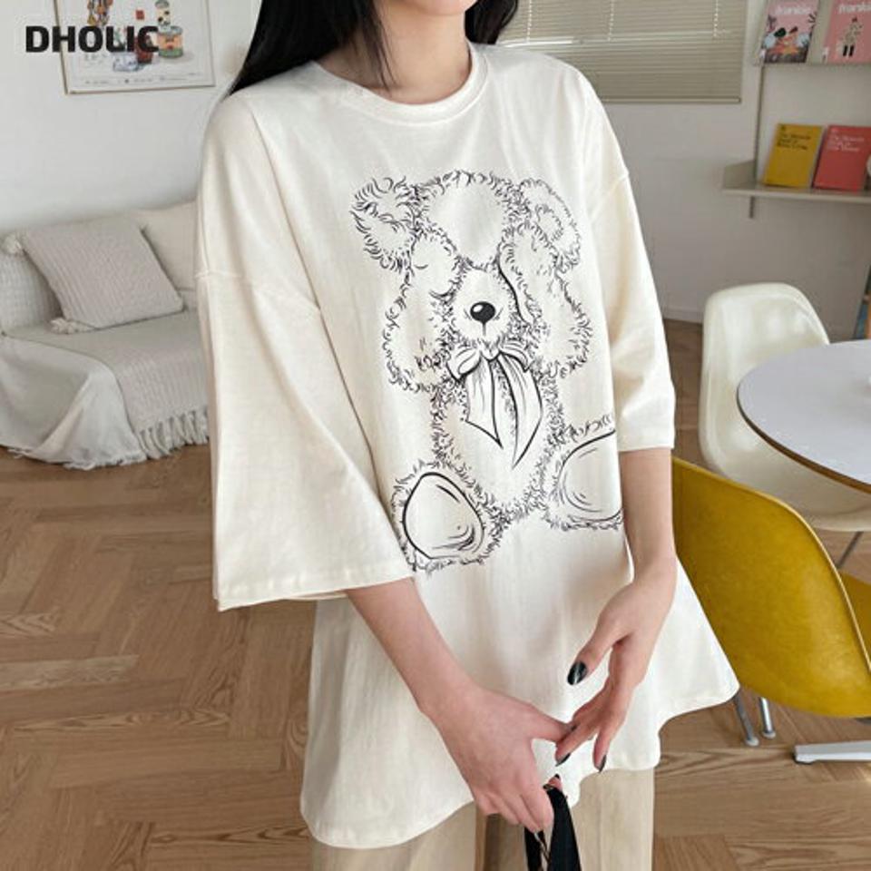 ベアプリントTシャツ・全5色・t63422 レディース 【tops】【韓国 ファッション トップス Tシャツ 半袖 ラウンドネック レタリング ベア くまさん クマ くま ルーズ ゆったり デイリー カジュアル 体型カーバー 秋 春】【NIJU】