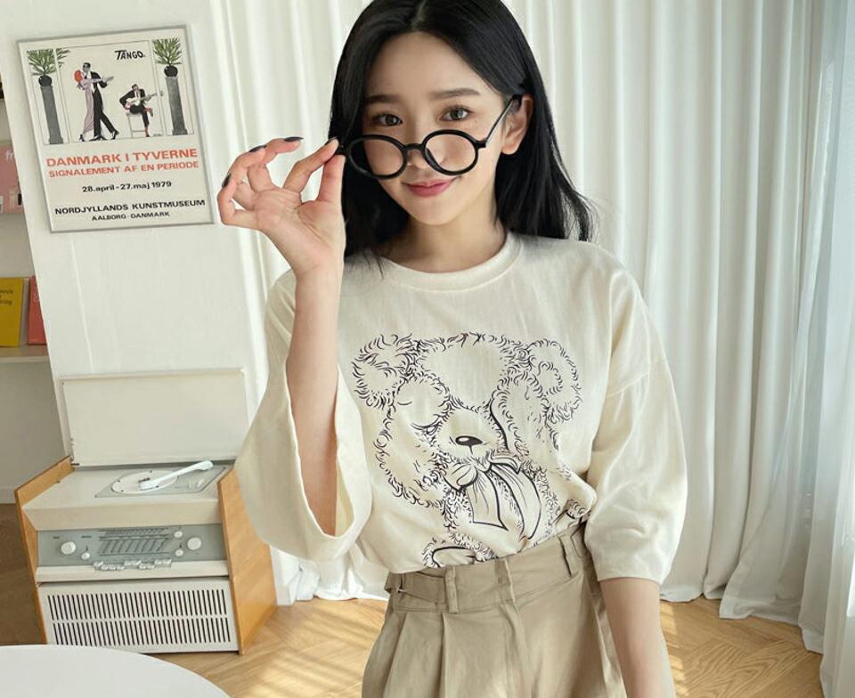 ベアプリントTシャツ・全5色・t63422 レディース 【tops】【韓国 ファッション トップス Tシャツ 半袖 ラウンドネック レタリング ベア くまさん クマ くま ルーズ ゆったり デイリー カジュアル 体型カーバー 秋 春】【NIJU】