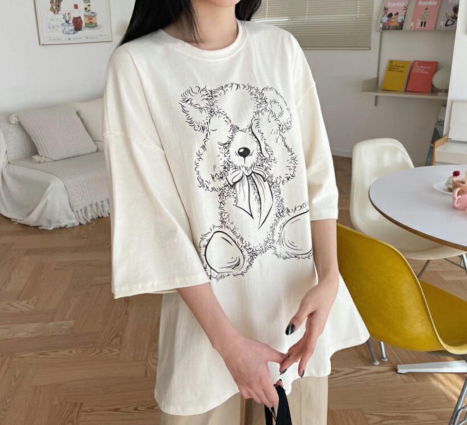 ベアプリントTシャツ・全5色・t63422 レディース 【tops】【韓国 ファッション トップス Tシャツ 半袖 ラウンドネック レタリング ベア くまさん クマ くま ルーズ ゆったり デイリー カジュアル 体型カーバー 秋 春】【NIJU】