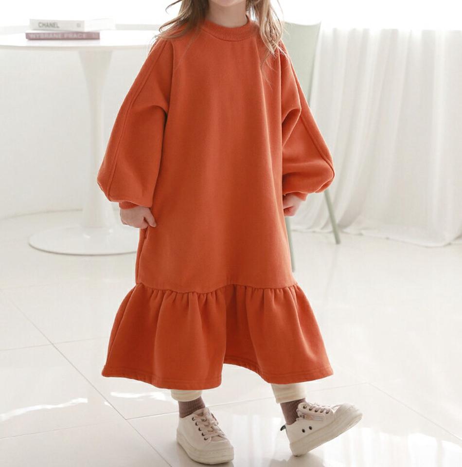 裏起毛フレアスウェットワンピース・p009821 キッズ【3~8才】【ops】【ワンピース ロング ロングワンピース 長袖 スウェット フレア 裏起毛 単色 無地 かわいい シンプル 女の子 男の子 冬 韓国 韓国子供服 子供 こども 子供服 こども服】【KIDS】