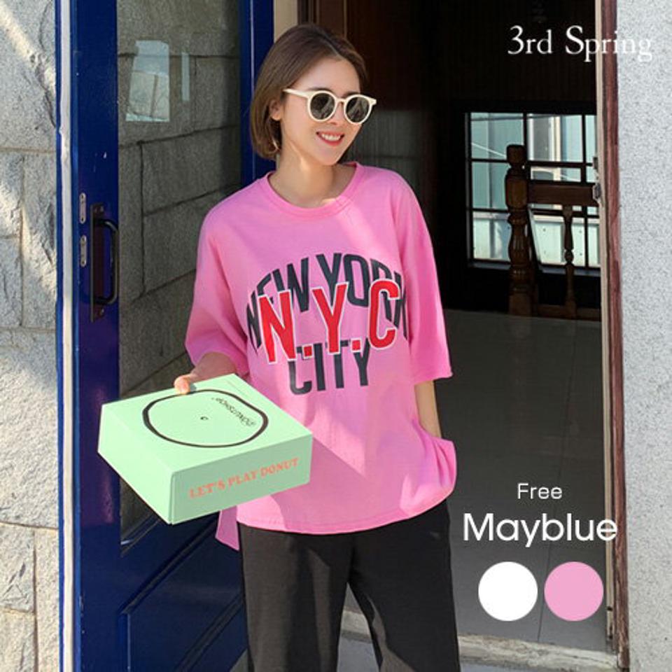 MAYBLUE(メイブルー)NYCロゴTシャツ【3/18up_go】Tシャツ　ロゴT　サイドスリット　半袖　クルーネック　トップス【5】