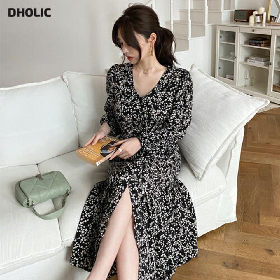 【マラソン特価】Vネックボタン花柄ワンピース・全3色・t67383 レディース 【ops】 ワンピース ロングワンピース 長袖 花柄 小花柄 フラワー Vネック フェミニン スリット 深スリット 可愛い かわいい 春 秋 韓国ファッション ハイホリHIHOLLI セール