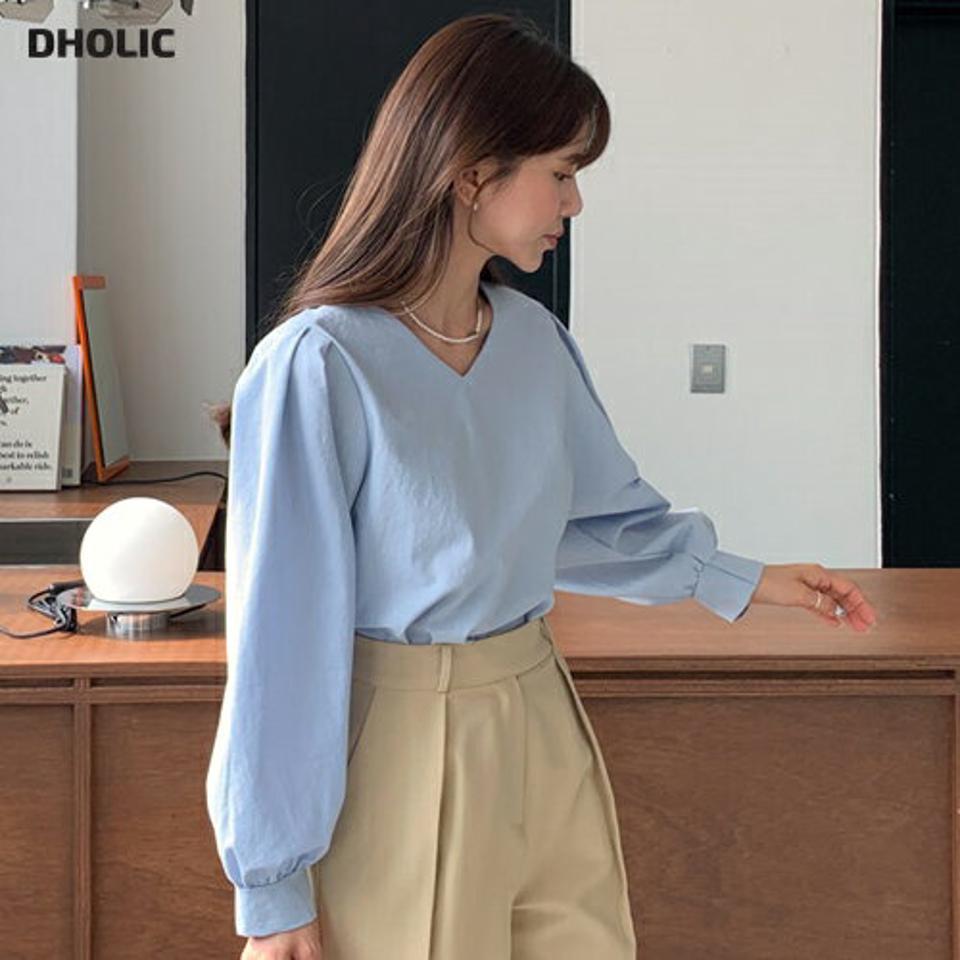 Vネックパフブラウス・全5色・t65042 レディース 【bl】 韓国 ファッション トップス ブラウス 長袖 上品 Vネック ボリューム パフ ルーズ フェミニン ラブリー カジュアル デイリー 秋 春