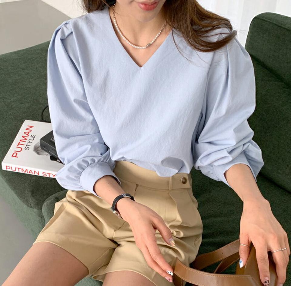 Vネックパフブラウス・全5色・t65042 レディース 【bl】 韓国 ファッション トップス ブラウス 長袖 上品 Vネック ボリューム パフ ルーズ フェミニン ラブリー カジュアル デイリー 秋 春