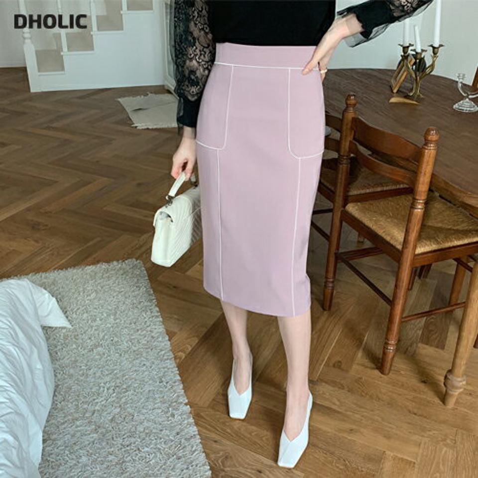 パイピングミディスカート・全4色・b67391 レディース 【sk】【スカート ミディ丈 ミディスカート パイピング 大人 フェミニン オフィスカジュアル ピンク Hライン 春 秋 韓国 ファッション】【ハイホリHIHOLLI】