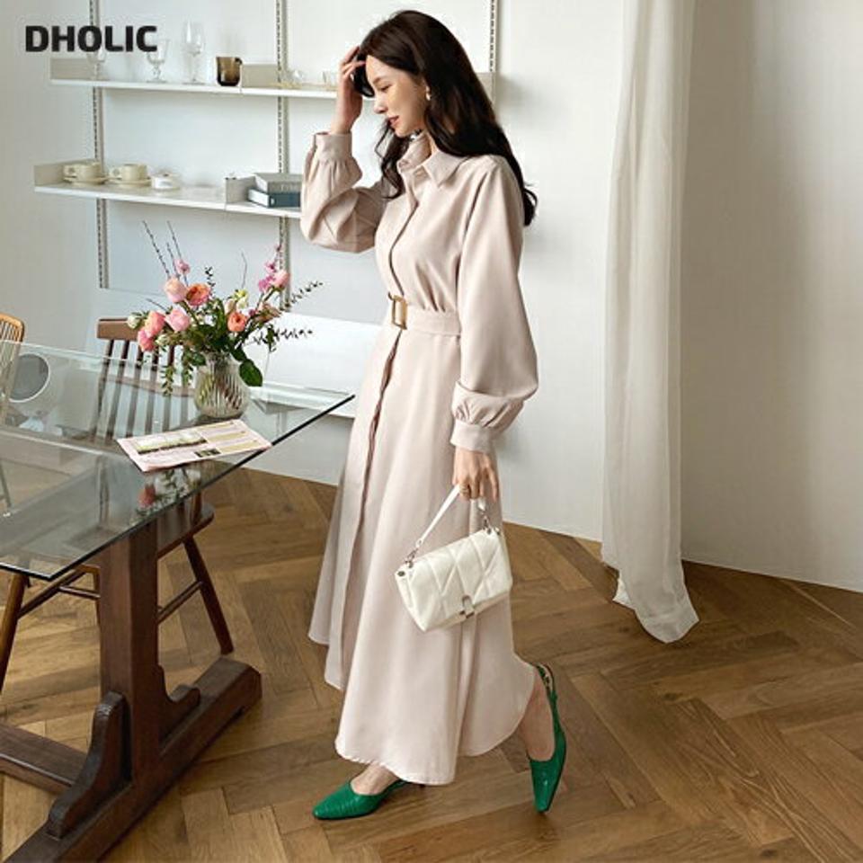 ベルト付カラーネックワンピース・全3色・b67381 レディース 【ops】【ワンピース ロング ロングワンピース 長袖 カラーネック ベルト 単色 無地 シンプル フェミニン 大人 きれいめ 春 秋 韓国 ファッション】【ハイホリHIHOLLI】