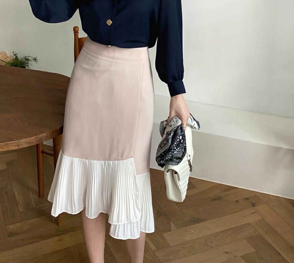 配色プリーツヘムスカート・全3色・b67389 レディース 【sk】【スカート ミディ丈 ミディスカート プリーツ プリーツスカート 大人 配色 オフィスカジュアル Aライン 春 秋 韓国 ファッション】【ハイホリHIHOLLI】