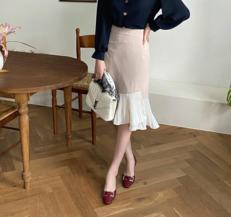 配色プリーツヘムスカート・全3色・b67389 レディース 【sk】【スカート ミディ丈 ミディスカート プリーツ プリーツスカート 大人 配色 オフィスカジュアル Aライン 春 秋 韓国 ファッション】【ハイホリHIHOLLI】