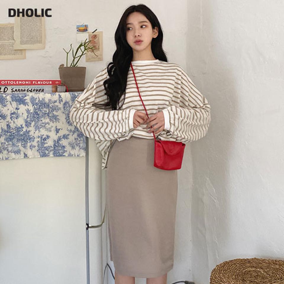 ボーダーTシャツ&スカートSET・全3色・t63520 レディース 【ops】【韓国 ファッション ワンピース ロング ロングワンピース SET セットアップ カジュアル フェミニン ストライプ ラウンドネック Hライン ボーダー パターン ルーズ スリット 秋 春】【NIJU】