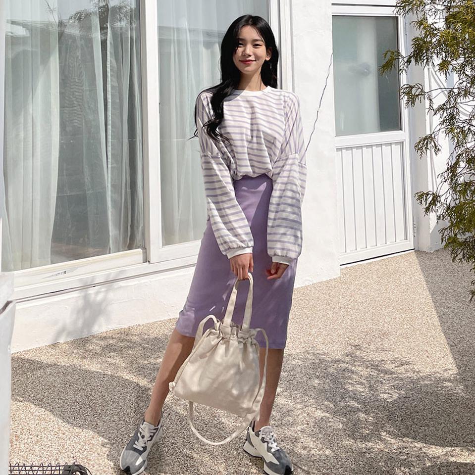 ボーダーTシャツ&スカートSET・全3色・t63520 レディース 【ops】【韓国 ファッション ワンピース ロング ロングワンピース SET セットアップ カジュアル フェミニン ストライプ ラウンドネック Hライン ボーダー パターン ルーズ スリット 秋 春】【NIJU】