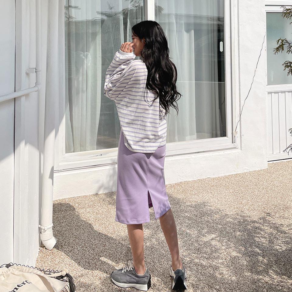 ボーダーTシャツ&スカートSET・全3色・t63520 レディース 【ops】【韓国 ファッション ワンピース ロング ロングワンピース SET セットアップ カジュアル フェミニン ストライプ ラウンドネック Hライン ボーダー パターン ルーズ スリット 秋 春】【NIJU】