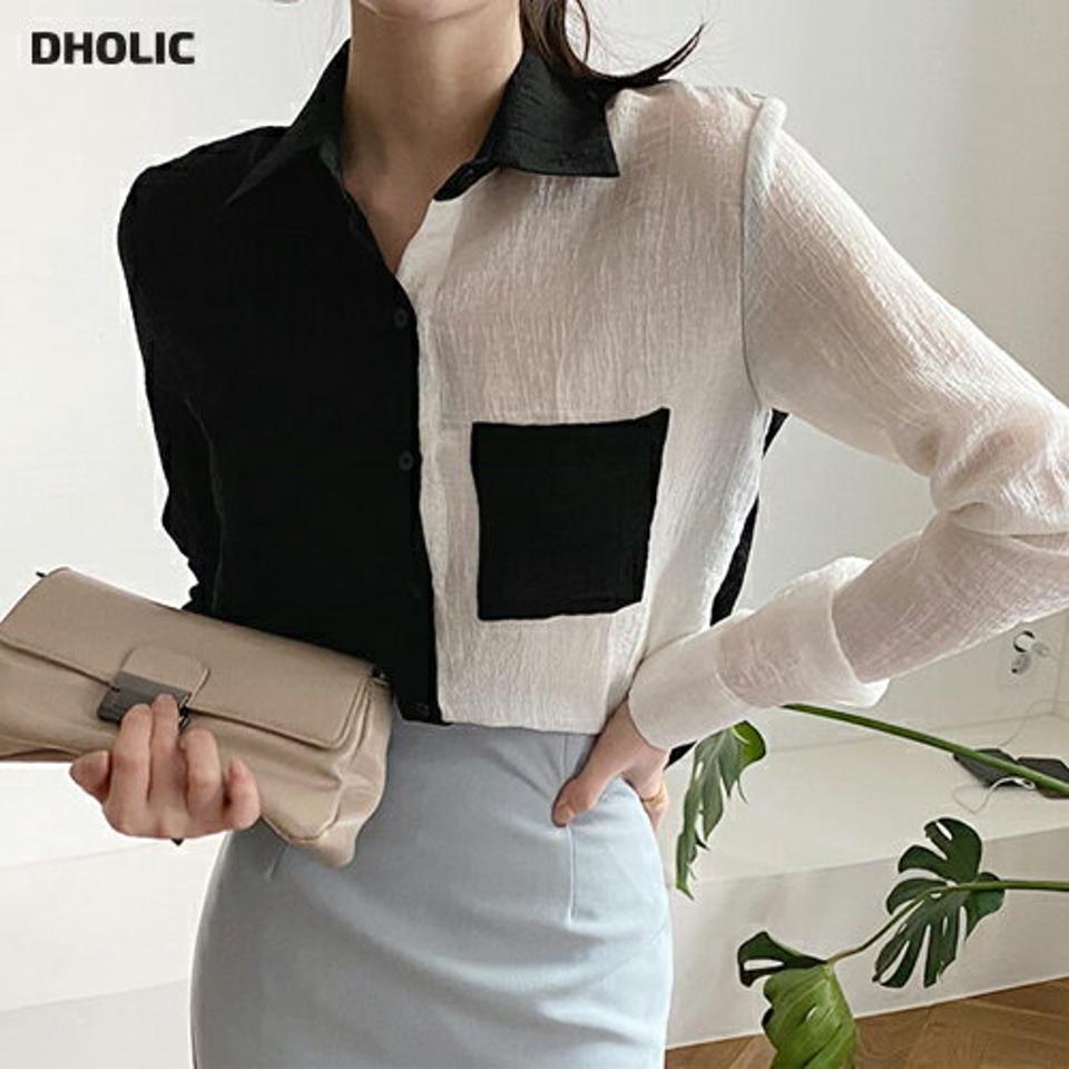 バイカラーポケットシャツブラウス・全2色・b67375 レディース 【bl】【トップス シャツブラウス ブラウス 長袖 バイカラー シック モダン 大人 テンセル 春 秋 韓国 ファッション】【ハイホリHIHOLLI】