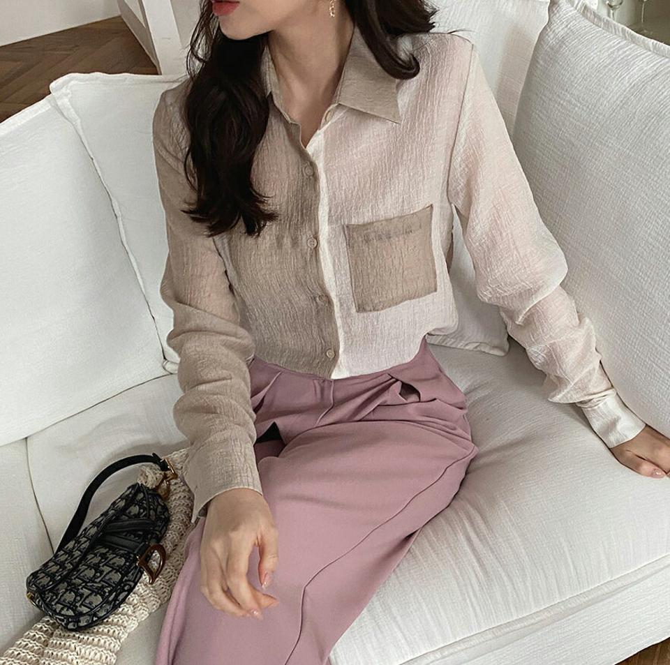 バイカラーポケットシャツブラウス・全2色・b67375 レディース 【bl】【トップス シャツブラウス ブラウス 長袖 バイカラー シック モダン 大人 テンセル 春 秋 韓国 ファッション】【ハイホリHIHOLLI】