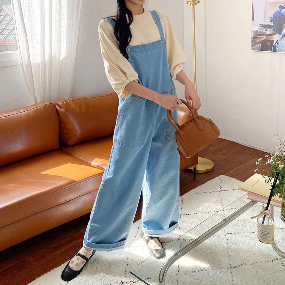 ポケットデニムオールインワン・全2色・t63587 レディース 【pt】【韓国 ファッション ボトムス パンツ ロング デニム オールインワン ウォッシング デニムパンツ ハイウエスト ワイドデニムパンツ 美脚 10分丈 十分丈 カジュアル デイリー 秋 春】【NIJU】