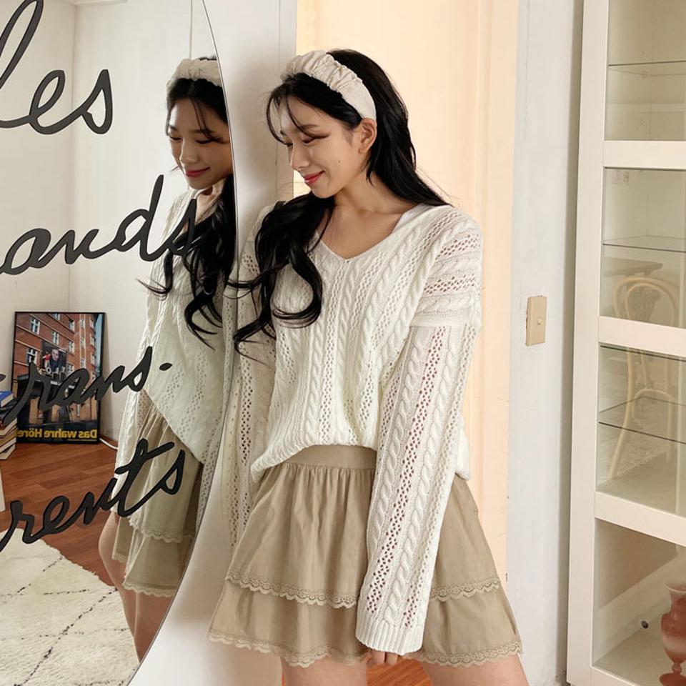 バックレースアップシアーニット・全5色・b63618 レディース 【tops】【韓国 ファッション トップス ニット 長袖 スリム Vネック バック レースアップ シアー パンチング 細身 体型カーバー ガーリー デイリー カジュアル 秋 春】【NIJU】