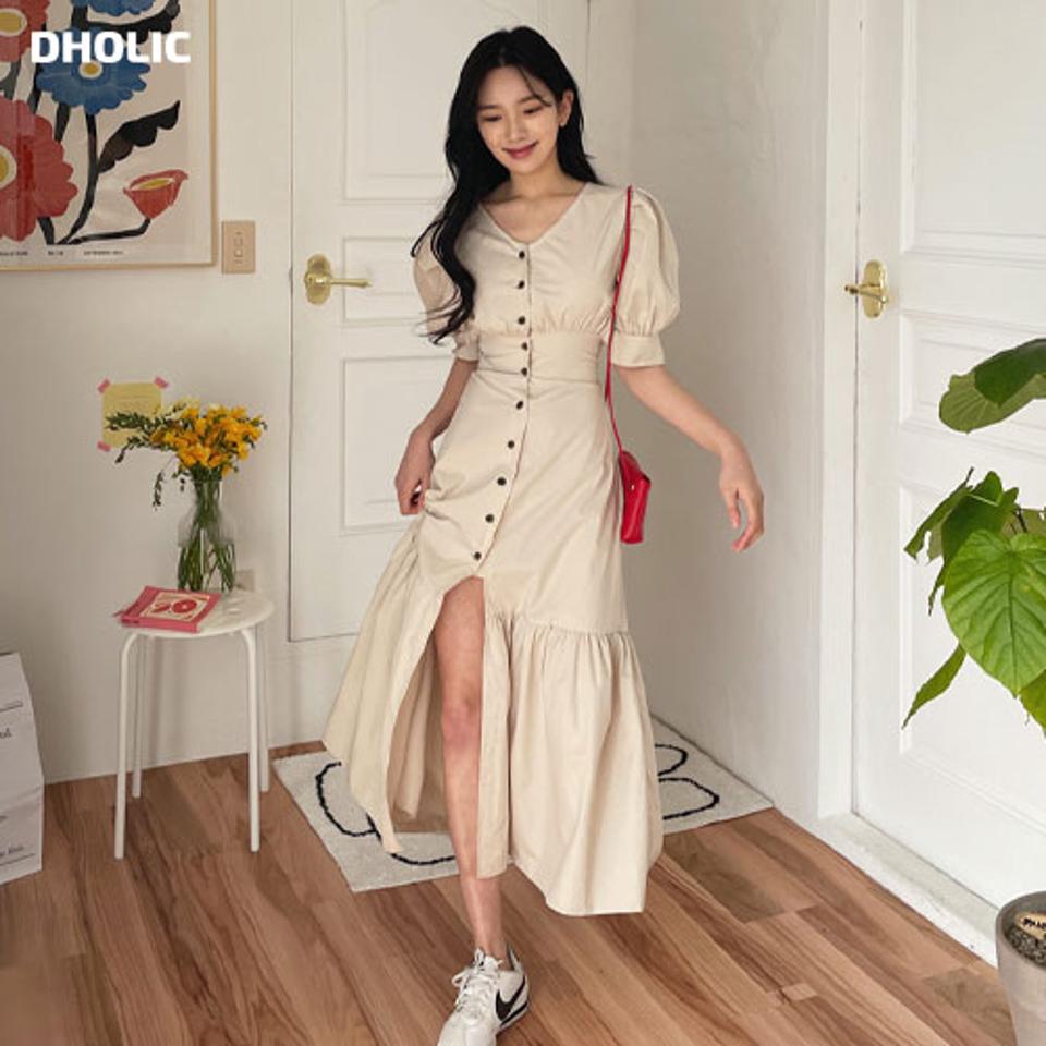 ギャザーボタンワンピース・全2色・t63620 レディース 【ops】【韓国 ファッション ワンピース ロング ロングワンピース Vネック カジュアル フェミニン ギャザー ボタン ボリューム ウエストワイド シャーリング 体型カバー 秋 春】【NIJU】