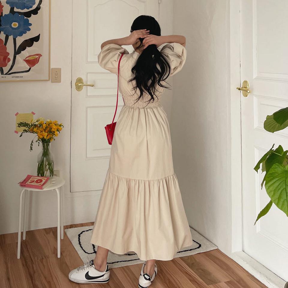 ギャザーボタンワンピース・全2色・t63620 レディース 【ops】【韓国 ファッション ワンピース ロング ロングワンピース Vネック カジュアル フェミニン ギャザー ボタン ボリューム ウエストワイド シャーリング 体型カバー 秋 春】【NIJU】