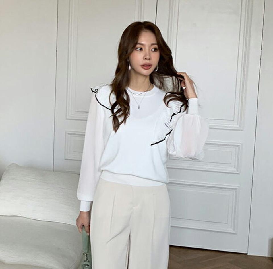 配色プリーツフリルニット・全2色・b67384 レディース 【tops】【トップス ニット ニットトップス フリル プリーツ フェミニン レディ かわいい 可愛い プリーツトップス 長袖 春 秋 韓国 ファッション】【ハイホリHIHOLLI】