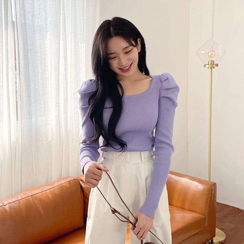 2TYPEスクエアネックパフニット・全3色・t63576 レディース 【tops】【韓国 ファッション トップス ニット 長袖 スリム スクエアネック パフ パフスリーブ デコルテ ボディ リブ フィット 細身 体型カーバー ガーリー デイリー カジュアル 秋 春】【NIJU】