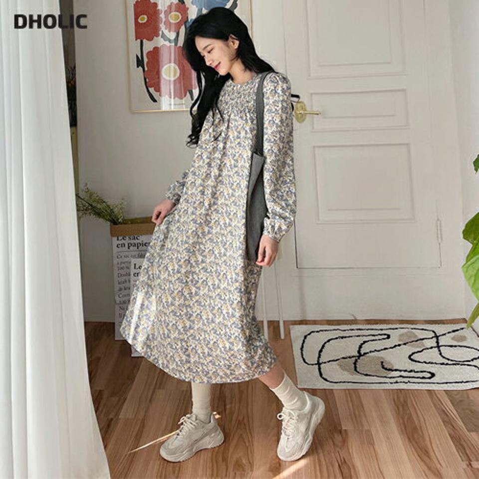 ストラップ付花柄ワンピース・全2色・b63619 レディース 【ops】【韓国 ファッション ワンピース ロング ロングワンピース カジュアル フェミニン 花柄 フラワー 小花柄 ウエストストラップ ラウンドネック ルーズ スリム 体型カバー 秋 春】【NIJU】【fw】