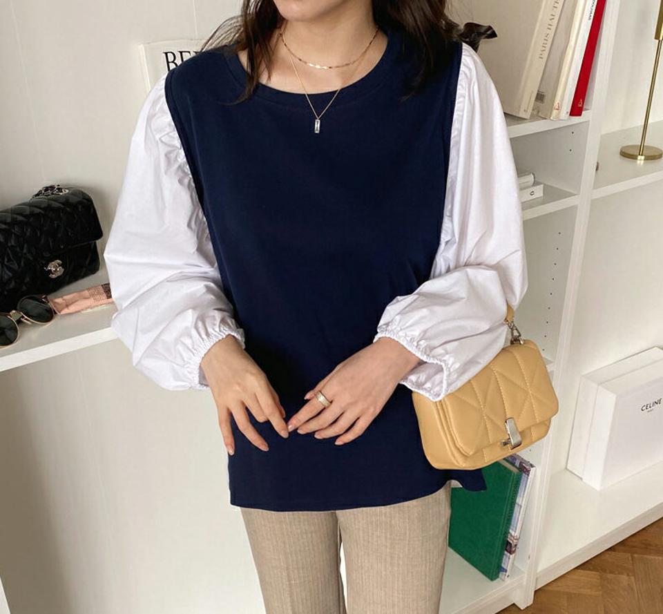 パフコントラストスシャツTシャツ・全2色・t67370 レディース 【tops】【トップス Tシャツ 長袖 コントラスト パフ袖 パフスリーブ 大人　かわいい 可愛い レイヤード風 春 秋 韓国 ファッション】【ハイホリHIHOLLI】
