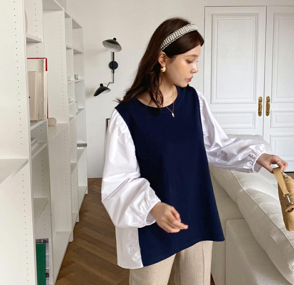 パフコントラストスシャツTシャツ・全2色・t67370 レディース 【tops】【トップス Tシャツ 長袖 コントラスト パフ袖 パフスリーブ 大人　かわいい 可愛い レイヤード風 春 秋 韓国 ファッション】【ハイホリHIHOLLI】