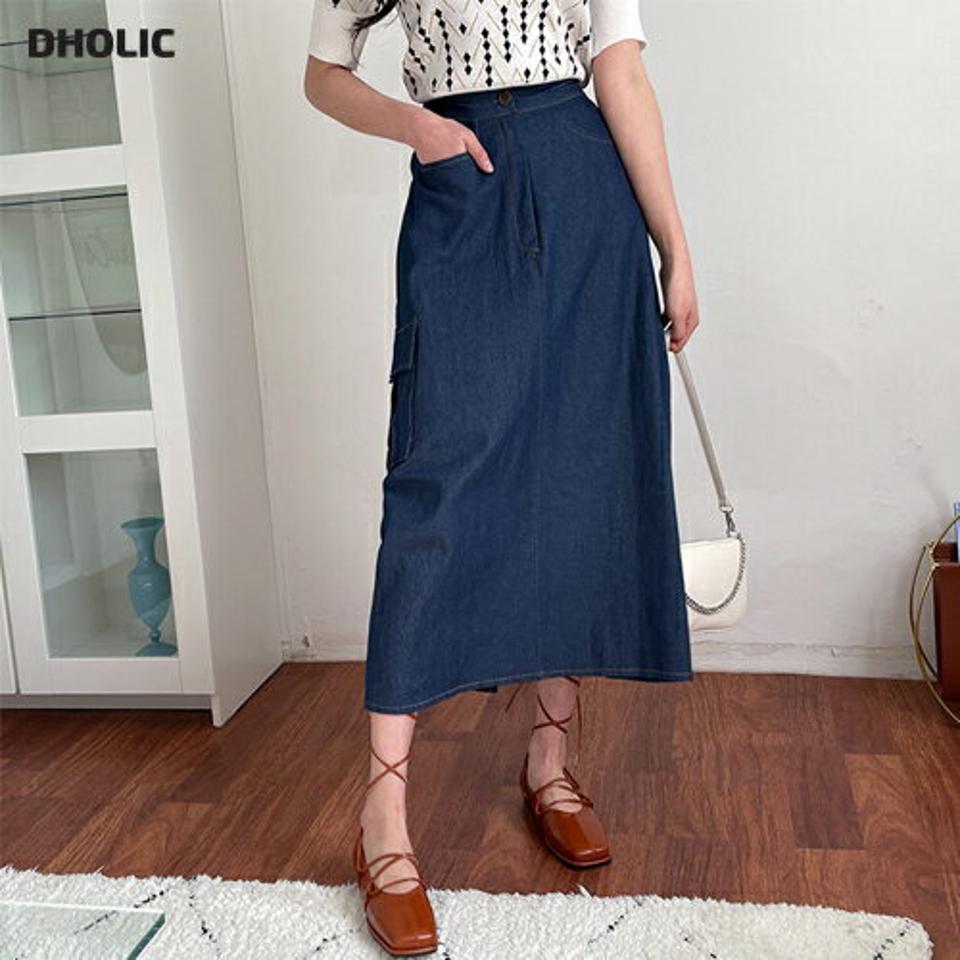 ポケットデニムスカート・全2色・t63622 レディース 【sk】【韓国 ファッション ボトムス スカート ロング ロングスカート　カジュアル デニムスカート デニム ウエストゴム ウォッシング Aライン スリム 細身 体型カーバー 秋 春】【NIJU】