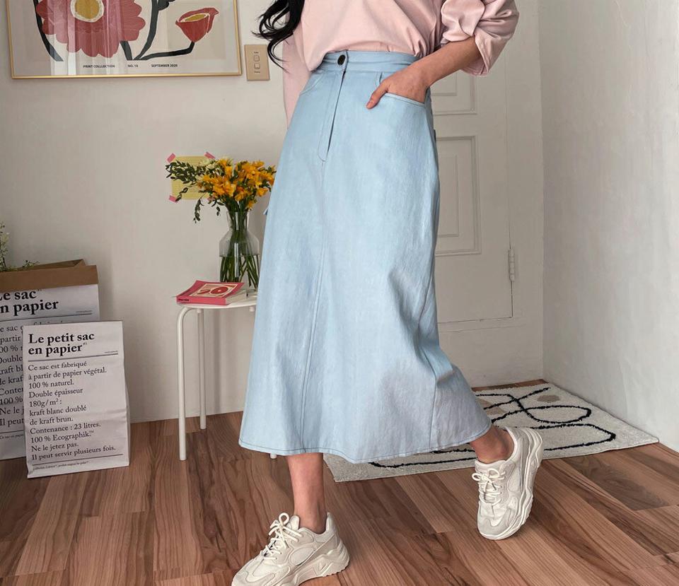 ポケットデニムスカート・全2色・t63622 レディース 【sk】【韓国 ファッション ボトムス スカート ロング ロングスカート　カジュアル デニムスカート デニム ウエストゴム ウォッシング Aライン スリム 細身 体型カーバー 秋 春】【NIJU】