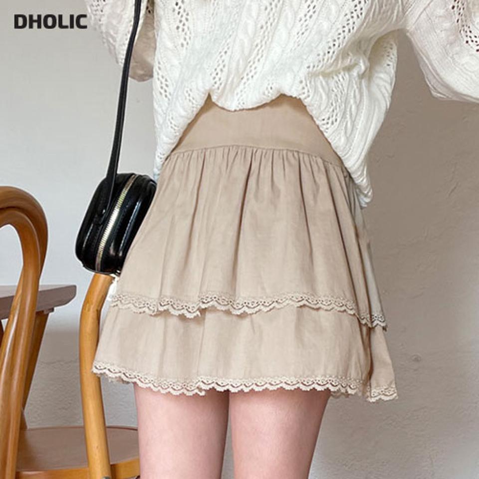 レースラインミニスカート・全3色・t63579 レディース 【sk】【韓国 ファッション ボトムス スカート ミニ ミニスカート シンプル 無地 レース ティアード ガーリー ウエストゴム カジュアル デイリー 細身 秋 春】【NIJU】