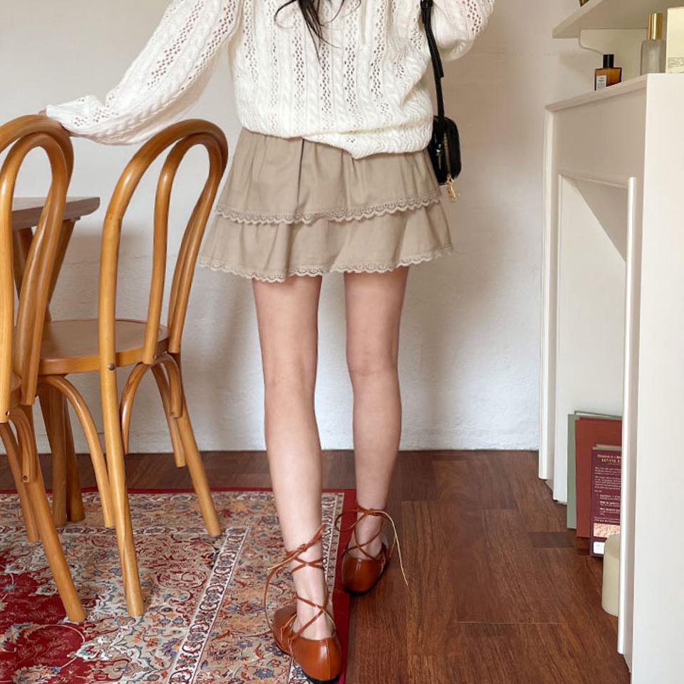 レースラインミニスカート・全3色・t63579 レディース 【sk】【韓国 ファッション ボトムス スカート ミニ ミニスカート シンプル 無地 レース ティアード ガーリー ウエストゴム カジュアル デイリー 細身 秋 春】【NIJU】