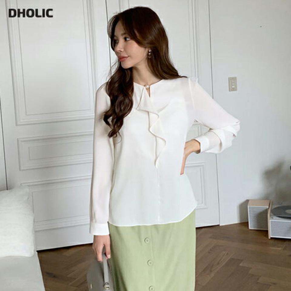 フェイクパールフリルブラウス・全3色・b67371 レディース 【bl】【トップス ブラウス 長袖 フリル パール フェミニン きれいめ オフィスカジュアル 可愛い かわいい 春 秋 韓国 ファッション】【ハイホリHIHOLLI】