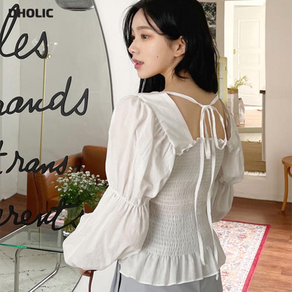 スクエアネックリボンブラウス・全3色・t63615 レディース 【bl】 韓国ファッション トップス ブラウス 長袖 スクエアネック リボン ラブリー フレア デコルテ シャーリング スリム フィット ボリューム 上品 クリスマス ボリュームスリーブ 秋 春 NIJU