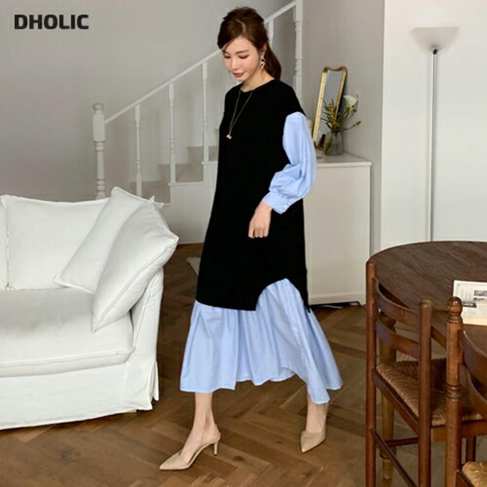 ストライプコントラストワンピース・全1色・b67378 レディース 【ops】【ワンピース ロング ロングワンピース コントラスト ストライプ柄 長袖 体型カバー 大人 爽やか カジュアル 春 秋 韓国 ファッション】【ハイホリHIHOLLI】