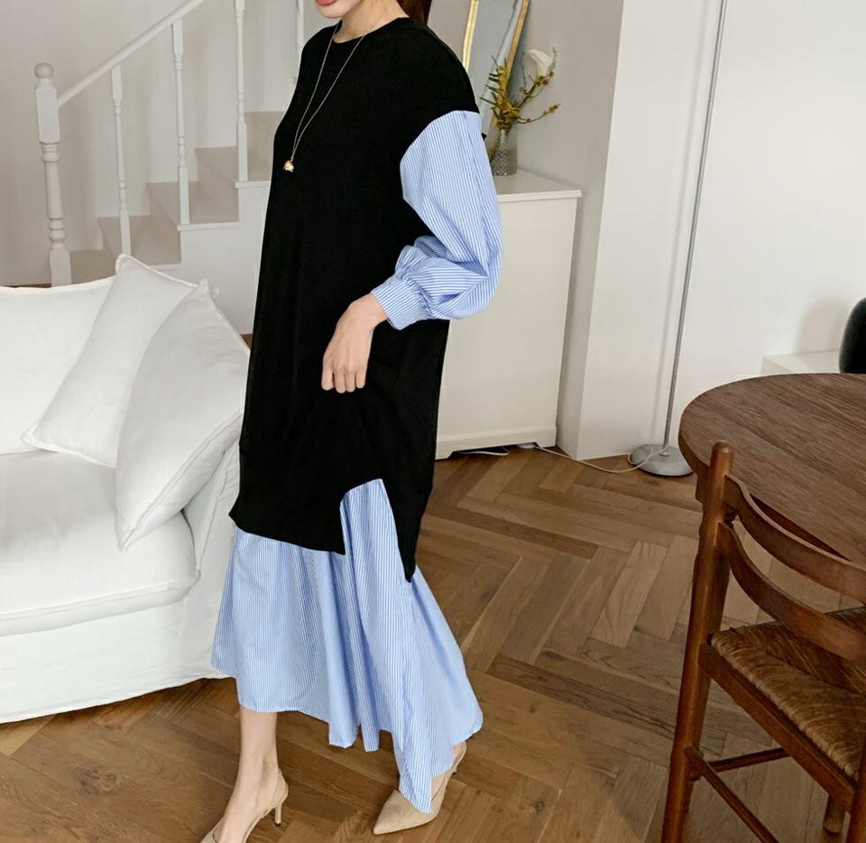 ストライプコントラストワンピース・全1色・b67378 レディース 【ops】【ワンピース ロング ロングワンピース コントラスト ストライプ柄 長袖 体型カバー 大人 爽やか カジュアル 春 秋 韓国 ファッション】【ハイホリHIHOLLI】