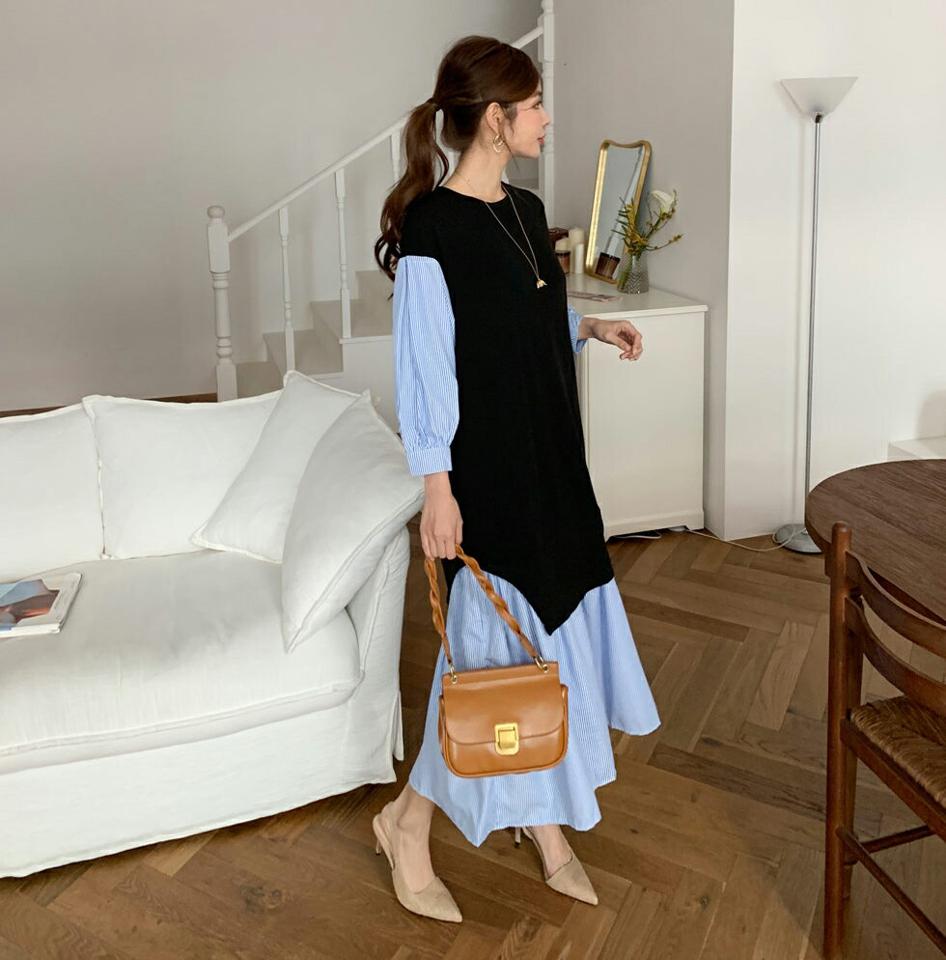 ストライプコントラストワンピース・全1色・b67378 レディース 【ops】【ワンピース ロング ロングワンピース コントラスト ストライプ柄 長袖 体型カバー 大人 爽やか カジュアル 春 秋 韓国 ファッション】【ハイホリHIHOLLI】