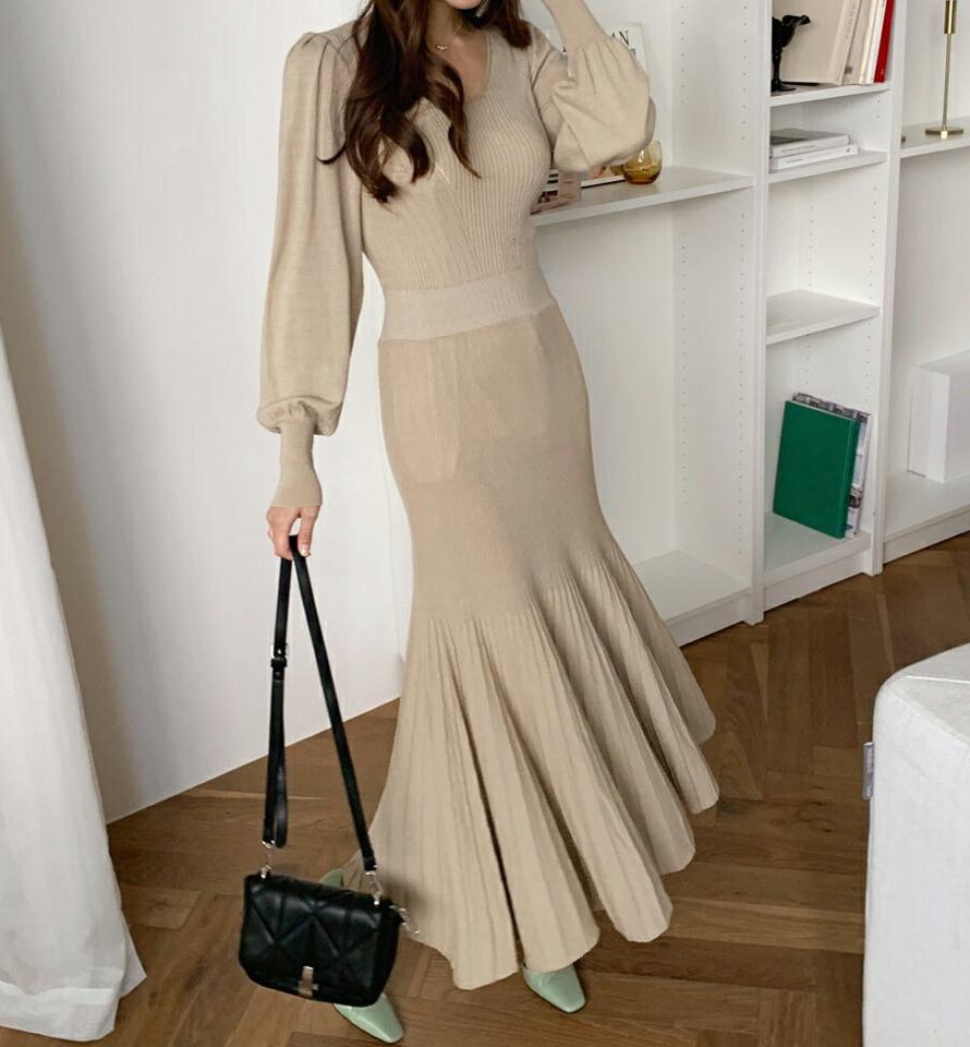 【送料無料】Vネックリブニットワンピース・全2色・b67382 レディース 【ops】【ワンピース ロング ロングワンピース ニット ニットワンピース Vネック リブ 長袖 パフ袖 パフスリーブ フェミニン かわいい 春 秋 韓国 ファッション】【ハイホリHIHOLLI】