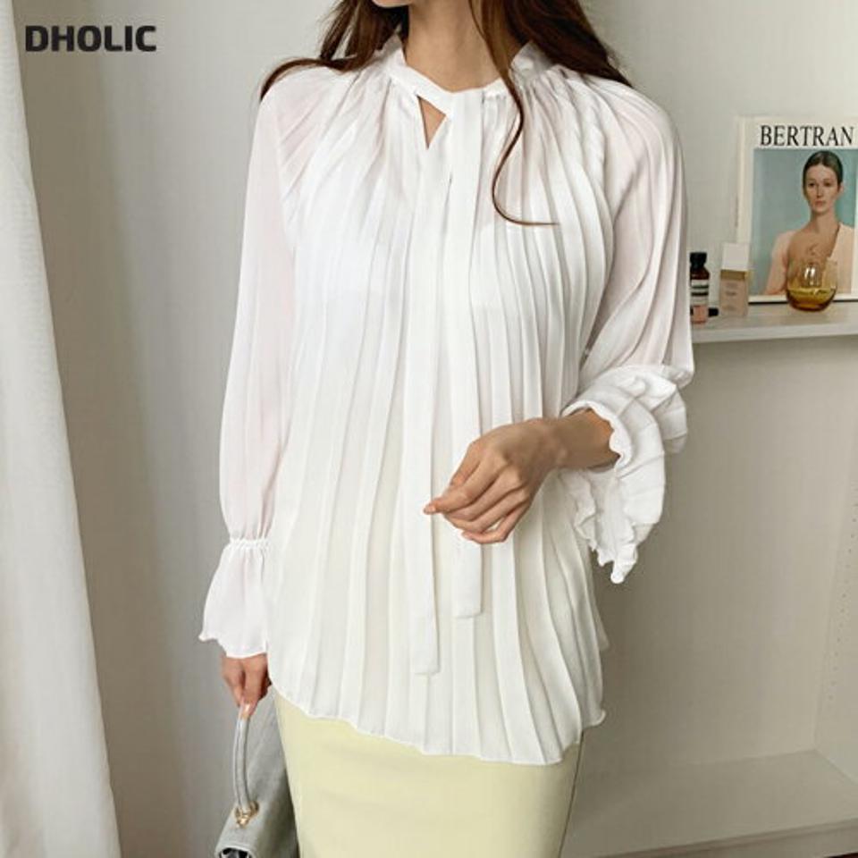 ≪人気商品再入荷≫リボンプリーツブラウス・全2色・b67372 レディース 【bl】トップス ブラウス 長袖 プリーツ プリーツトップス りぼん リボン フェミニン 雰囲気 シフォン シフォンブラウス インしないブラウス 可愛い かわいい 春 秋 韓国ファッション ハイホリHIHOLLI
