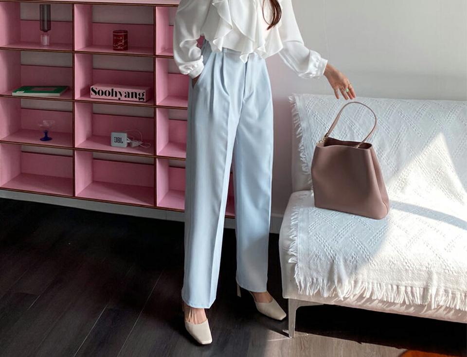 タックワイドスラックス・全3色・t57063 レディース 【pt】 韓国ファッション ボトムス パンツ スラックス 美脚 足長 ツータック ベルトループ バックゴム ボリューム ハイウエスト 無地 体型カバー 秋 春